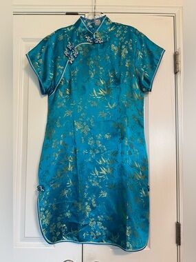 NWT M.M Teal & Gold SZ XXL Chinese Asian Satin Cheongsam Qipao Dress